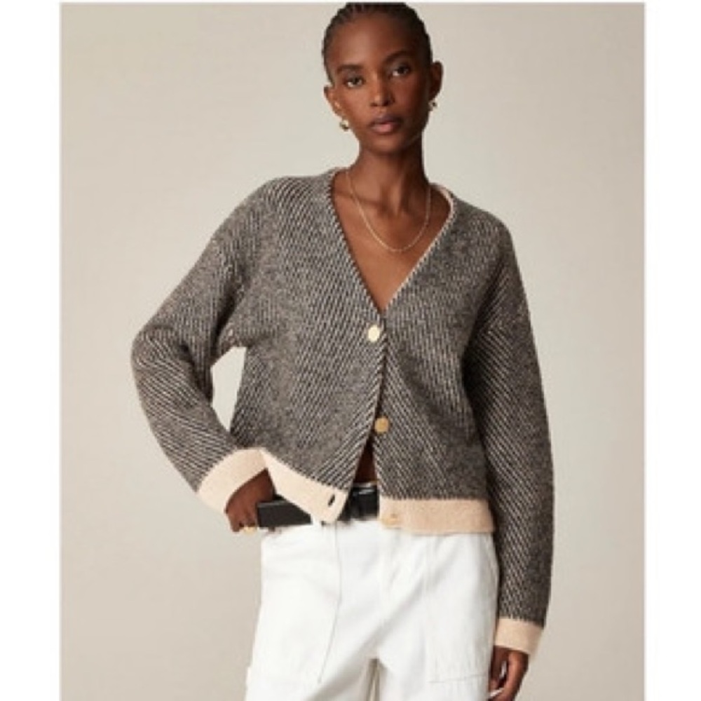 J.Crew XS Jacquard V-neck Lady Jacket Sweater In Heather Walnut Tan NWOT